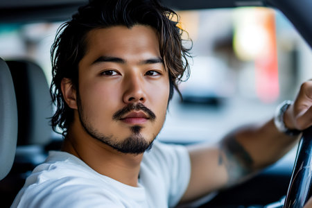 Portrait of a handsome young man driving a car and looking at cameraの素材