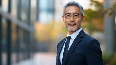 Portrait of handsome Indian businessman wearing suit and eyeglasses outdoorsの素材