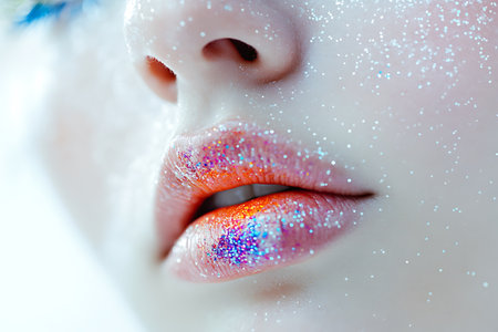 Closeup portrait of beautiful female lips with bright make up and glitter on skinの素材