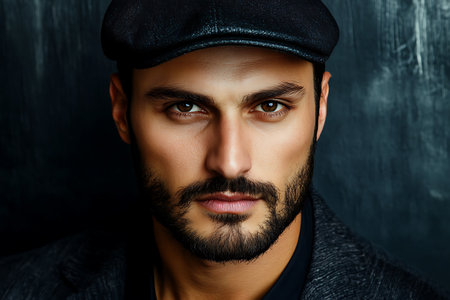 Portrait of a handsome young man in a cap. Men's beauty, fashion.の素材
