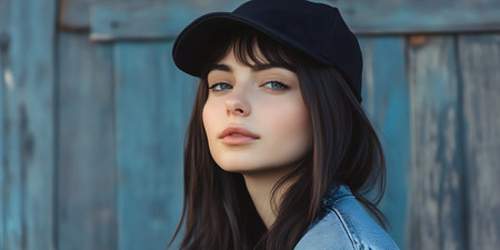 Portrait of a beautiful girl in a hat on a wooden backgroundの素材