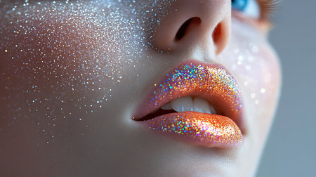 Close-up portrait of beautiful female lips with glitter make-upの素材