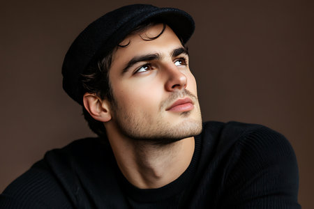 Portrait of a handsome young man in a black sweater and hatの素材