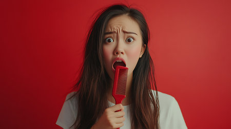 shocked young woman holding comb and looking at camera isolated on redの素材