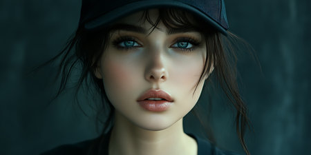 Close-up portrait of a beautiful girl in a baseball cap.の素材