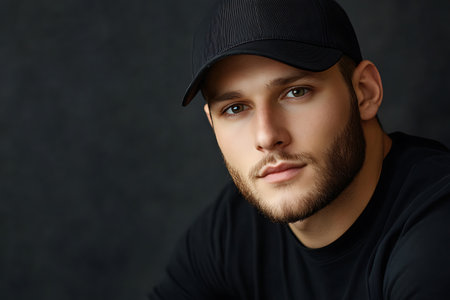Portrait of a handsome young man in a cap on a dark backgroundの素材