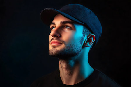 Portrait of a handsome young man in a cap on a dark background.の素材