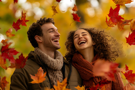love, season, friendship and people concept - smiling couple hugging in autumn parkの素材