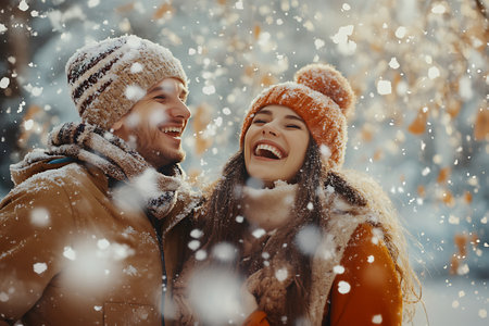 Couple in love having fun in the park during a snowfall.の素材