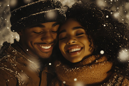 Couple in love. Happy young African American man and woman in warm clothes hugging and smiling while standing outdoorsの素材