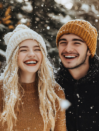 happy young couple in winter clothes looking at camera and smiling in parkの素材