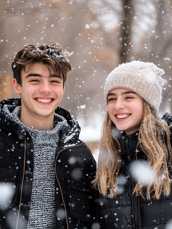 Young boy and girl in a winter park with snowflakes.の素材