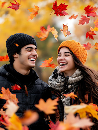 Happy young couple in autumn park. Love, relationship and dating concept.の素材