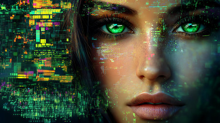 Close-up portrait of a beautiful young woman with bright green eyes.の素材