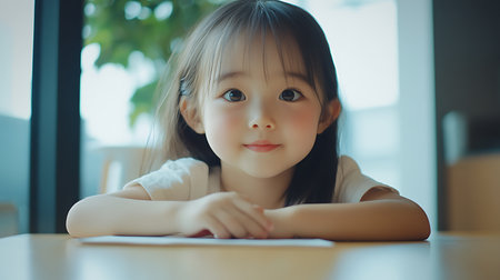 Portrait of a cute little asian girl sitting at the tableの素材