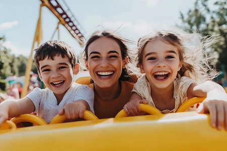happy mother and kids having fun on slide at amusement park in summerの素材