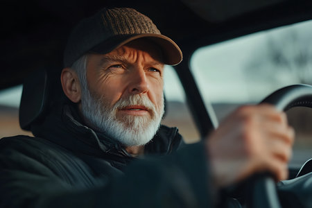 Portrait of an old man in a cap driving a car.の素材