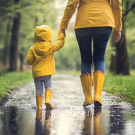 Mother and daughter in yellow raincoats and rubber boots walking in the rainの素材