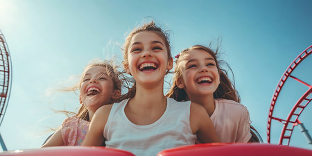Happy children having fun on roller coaster on sunny day. Girls having fun on amusement park.の素材