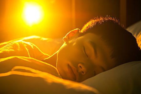 Asian boy sleeping on the bed in the morning with sunlight background.の素材