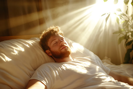 Young man sleeping in bed at home. Sunlight shining through the window.の素材
