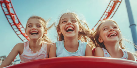 Portrait of three cheerful little girls having fun in amusement park.の素材