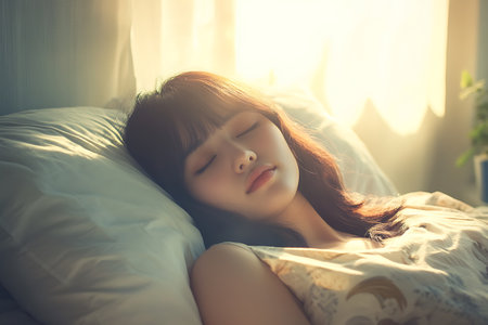 Beautiful asian woman sleeping on the bed in the morning.の素材