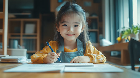 Cute asian little girl doing homework at home, education conceptの素材