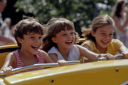 Happy children having fun on an old yellow convertible car on a summer dayの素材