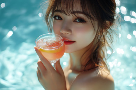 Portrait of a beautiful young asian woman with cocktail in swimming poolの素材