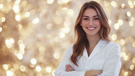 Portrait of a beautiful young woman in a white coat on a bokeh background.の素材