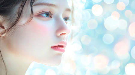 Portrait of a beautiful young girl with long hair and blue eyesの素材