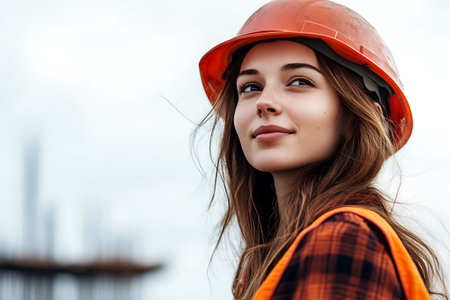 Portrait of a beautiful girl in an orange helmet on a construction site.の素材