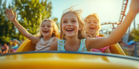 Three little girls having fun in amusement park on sunny summer day.の素材
