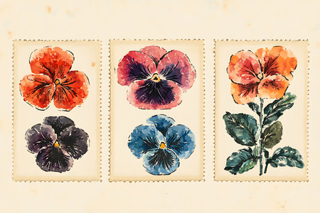 Vintage floral background with pansy flowers. Hand drawn illustration.の素材