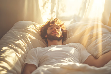 Young man sleeping in bed in the morning, sun rays coming through the windowの素材