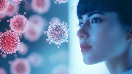 Portrait of a beautiful woman against virus background. 3d renderingの素材