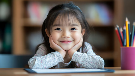 Portrait of a cute little asian girl using tablet computer at homeの素材