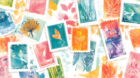 Postage stamps from around the world. Multicolored background.の素材