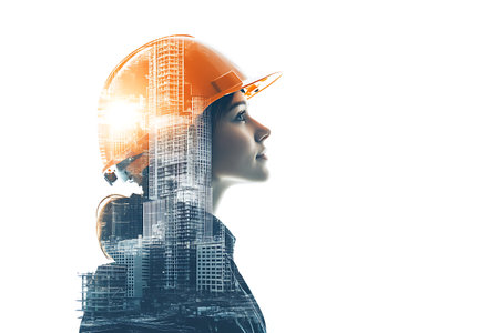 Side view of female engineer in hardhat against modern cityscape backgroundの素材