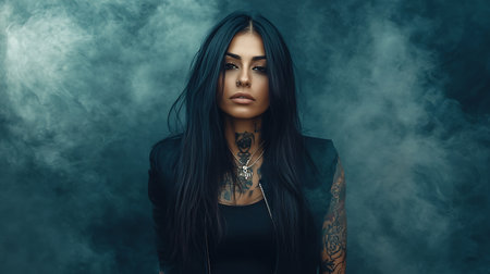 Beautiful tattooed woman with black hair and tattoos posing in smokeの素材