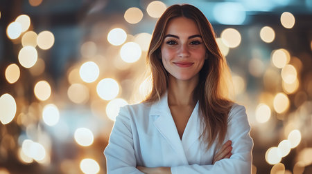 Portrait of a beautiful young woman in a white coat against the background of lightsの素材