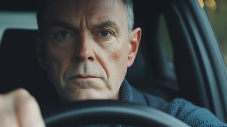 Portrait of mature man driving car. Focus on the driver.の素材