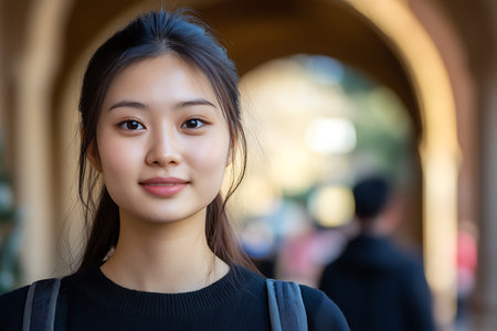 Portrait of beautiful young asian woman walking in the city.の素材