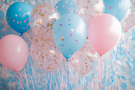 Colorful balloons with confetti and ribbons on blue background.の素材