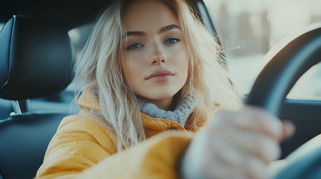 Beautiful girl in a yellow coat and scarf driving a car.の素材