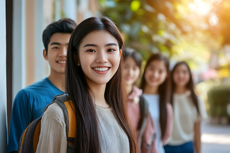 Group of happy asian college students smiling and looking at camera in universityの素材