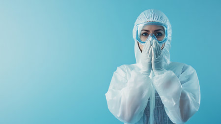 Portrait of a female scientist in protective suit and goggles on blue backgroundの素材