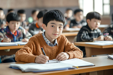 Cute little boy doing homework in classroom at school, education conceptの素材