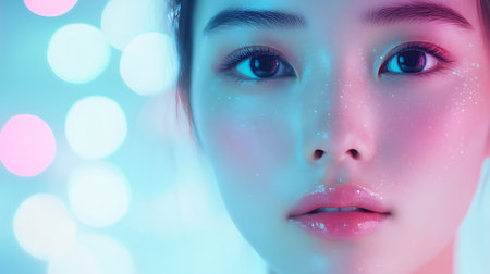 Beautiful asian woman face close up with bokeh backgroundの素材